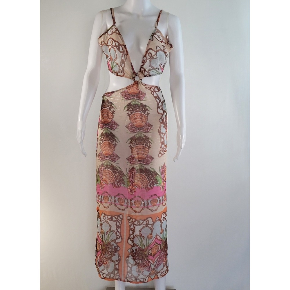 True Destinations Tropical Print Cut-Out Cover Up Dress Sheer Multi Color -NMWT